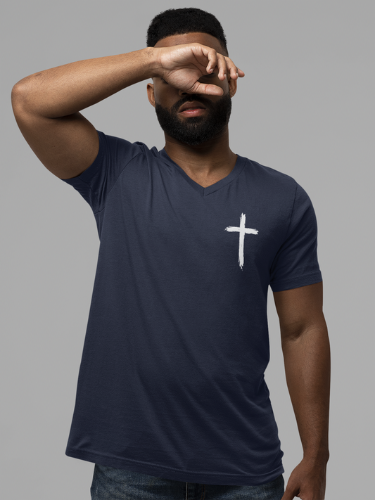 The 'Be Bold As A Lion' v-neck tee. The lion face pops with its gorgeous, lifelike markings throughout. In a big bold font, a reminder of God's word in Proverbs 28:1 from the Bible, to "Be Bold As A Lion". With a small cross on the front chest and available in different colors (and styles!) this t-shirt is one you will feel fearless wearing! Cataldo Creations Christian clothing. Faith Based apparel