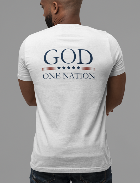 One Nation Under God, 1776 Patriotic v-neck tee for men and women. This Cataldo Creations patriot t-shirt has 1776 on the front chest pocket area and One Nation Under God on the back. Show your patriotism with this American Patriot short sleeve vneck tee.