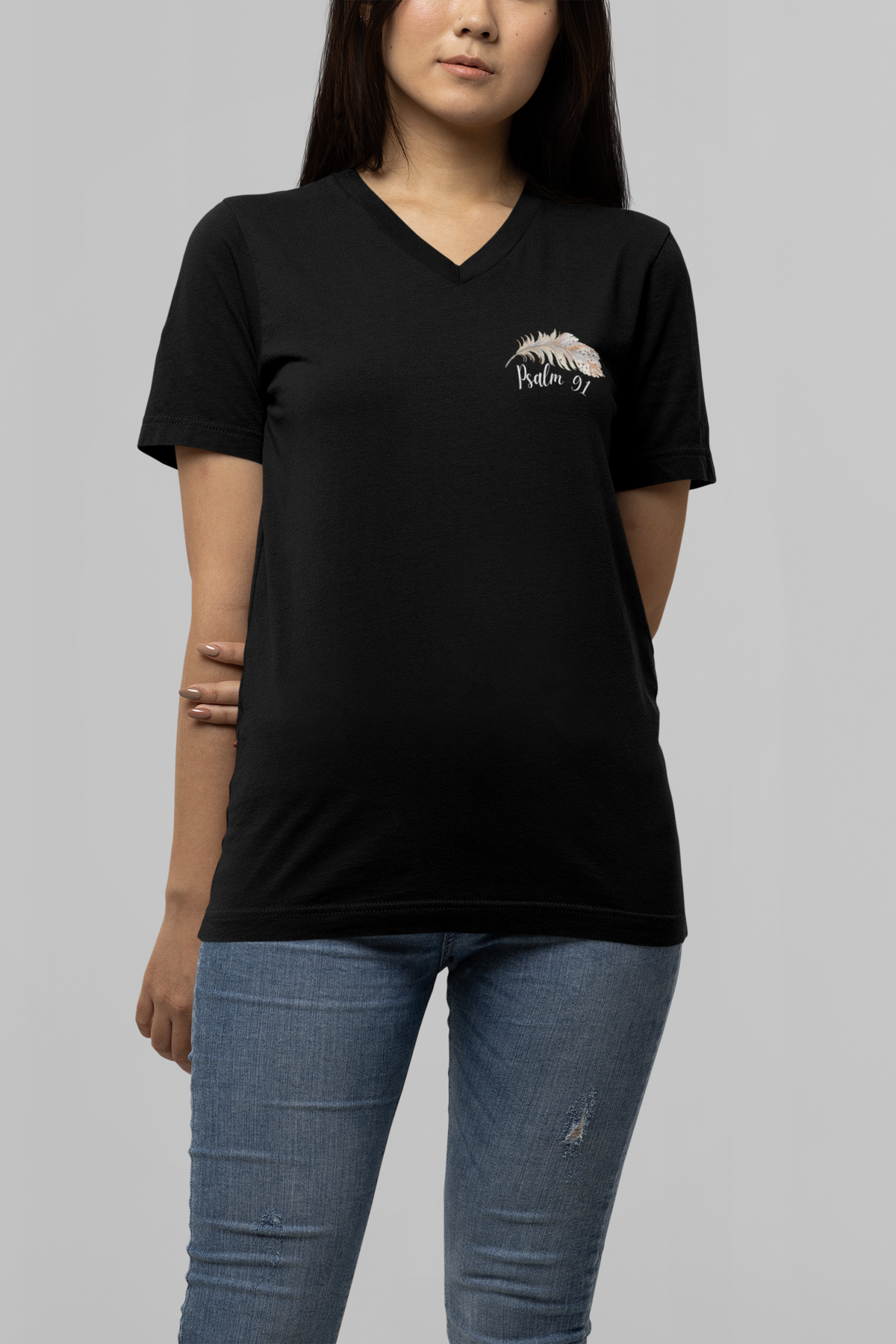 Christian Women's Psalm 91 vneck tshirt. Short Sleeve v-neck bible verse scripture tshirt