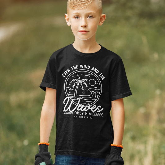 Youth Short Sleeve Tee - 'Even the Wind and the Waves Obey Him' Kids Bible Verse Shirt