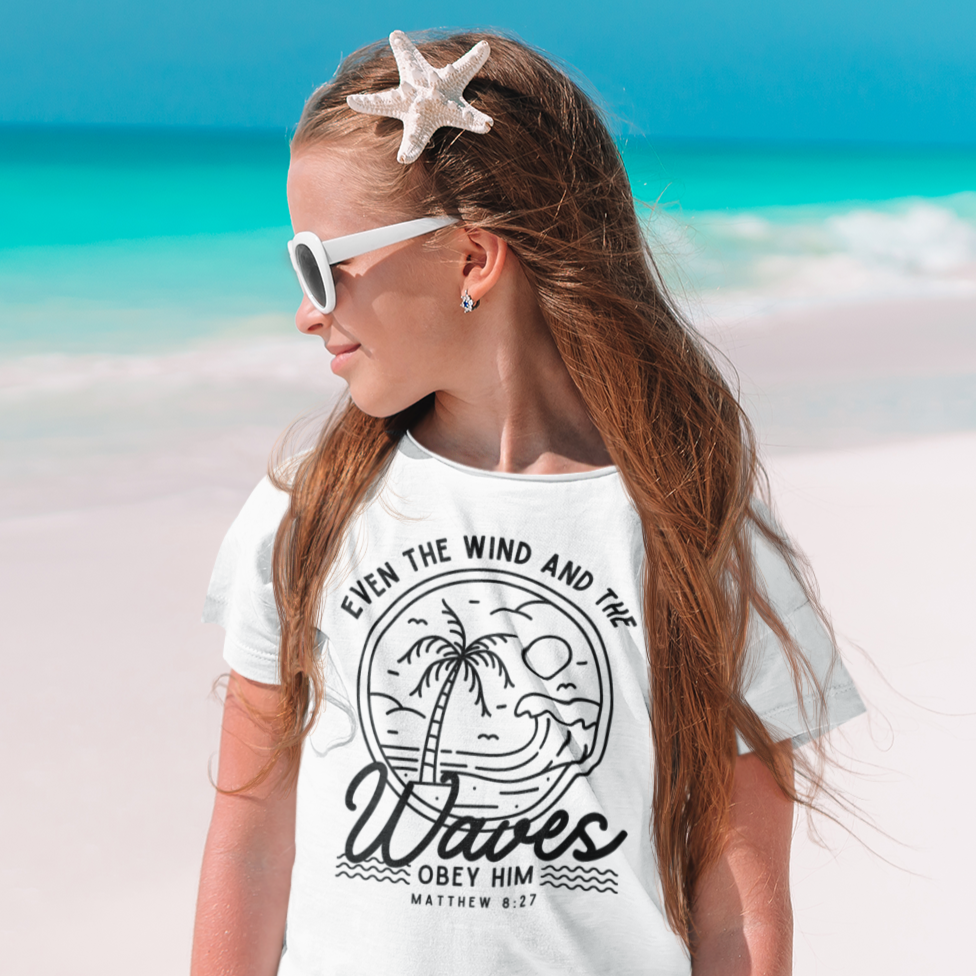 Youth Short Sleeve Tee - 'Even the Wind and the Waves Obey Him' Kids Bible Verse Shirt