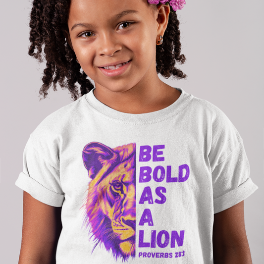 Kids Be Bold As A Lion Bible Verse Short Sleeve Tee. Purple Design