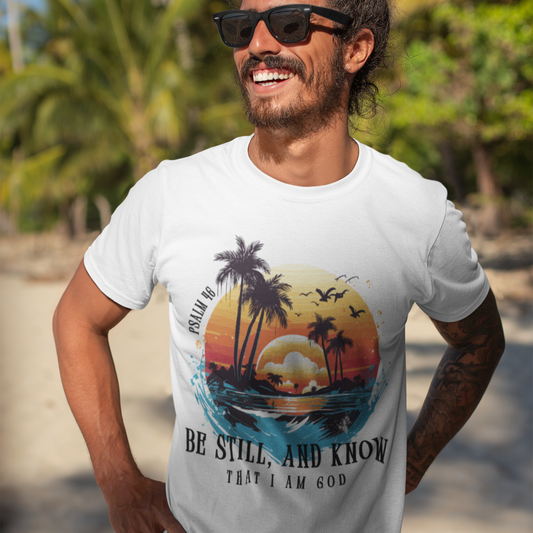 Sunset Vibe Tee - Be Still and Know Bible Verse, Unisex Short Sleeve Shirt, Beachwear, Gift for Christians, Relaxing Apparel
