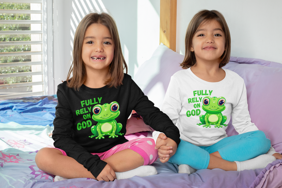 FROG. Fully Rely On God. This cute toddler long sleeve t-shirt has an adorable green frog with the words Fully Rely On God in green. Perfect for your Christian toddler!
