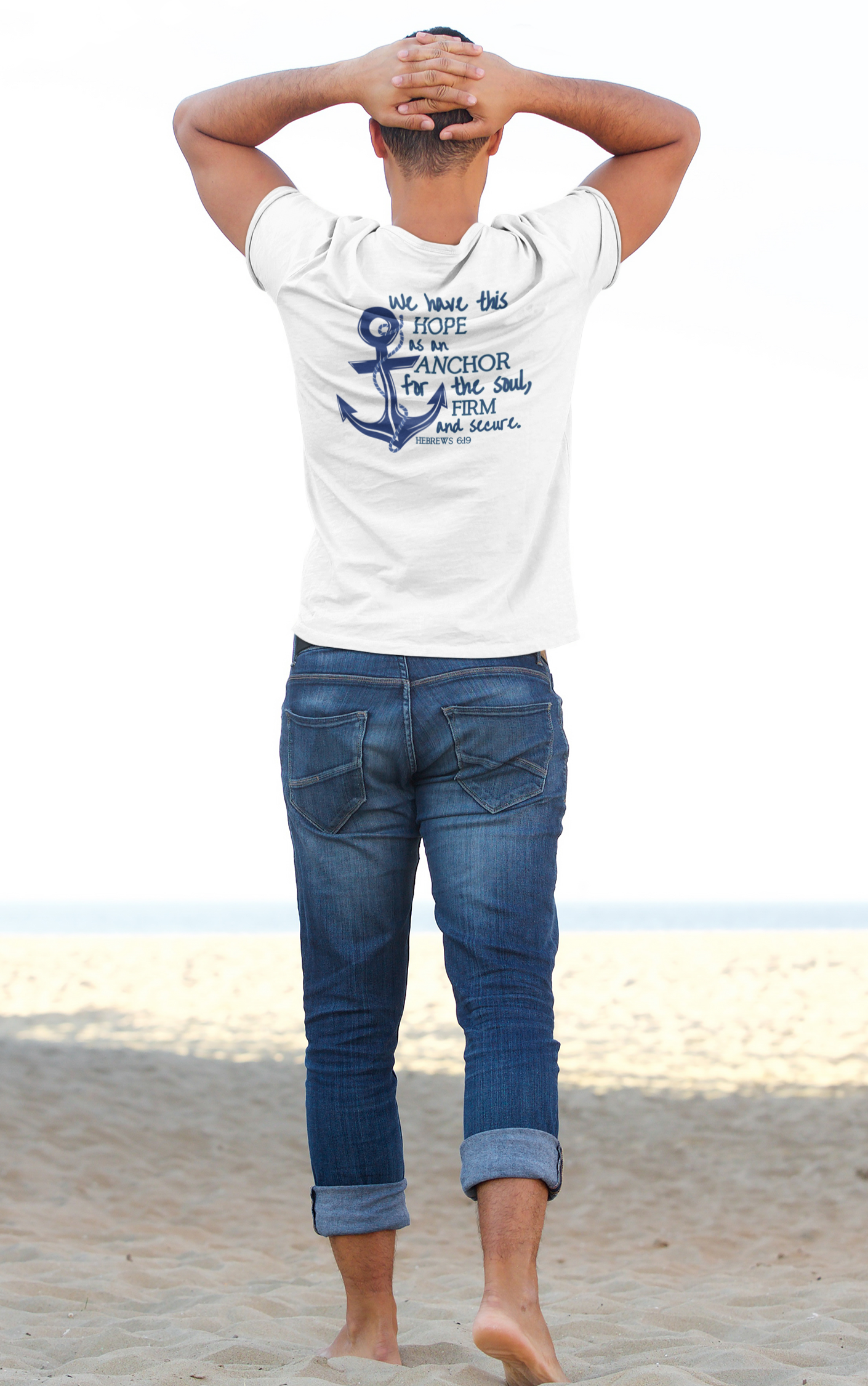 We have this hope as an anchor for the soul, firm and secure. Hebrews 6:19. This nautical Christian crewneck tee features a small anchor on the front with a large anchor and the Hebrews 6:19 bible verse in decorative font down the back. Cataldo Creations Christian Clothing, Christian T-Shirt, Christian Apparel. Bible Verse And Scripture Tees