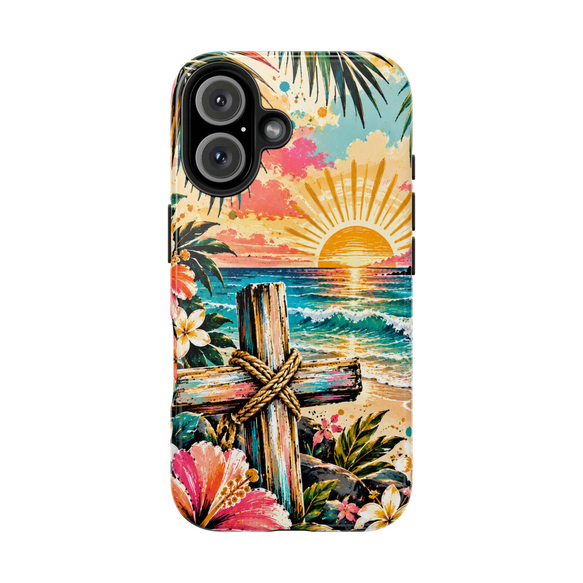 Tropical Cross Christian Phone Case | Beach Sunset & Floral Faith-Inspired Protective Case