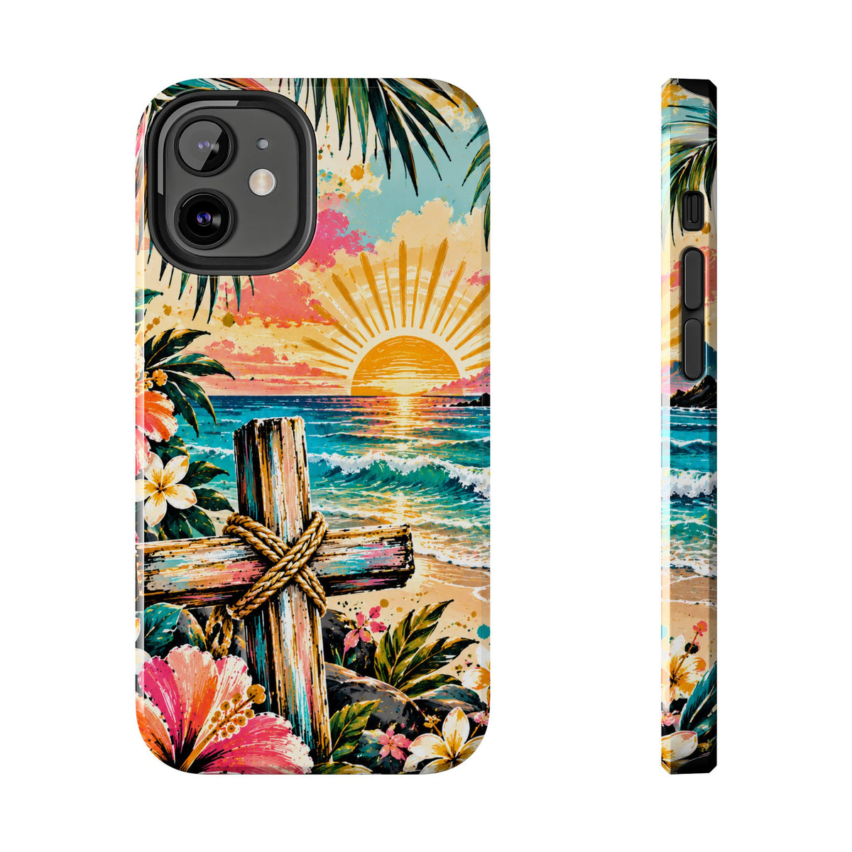 Tropical Cross Christian Phone Case | Beach Sunset & Floral Faith-Inspired Protective Case