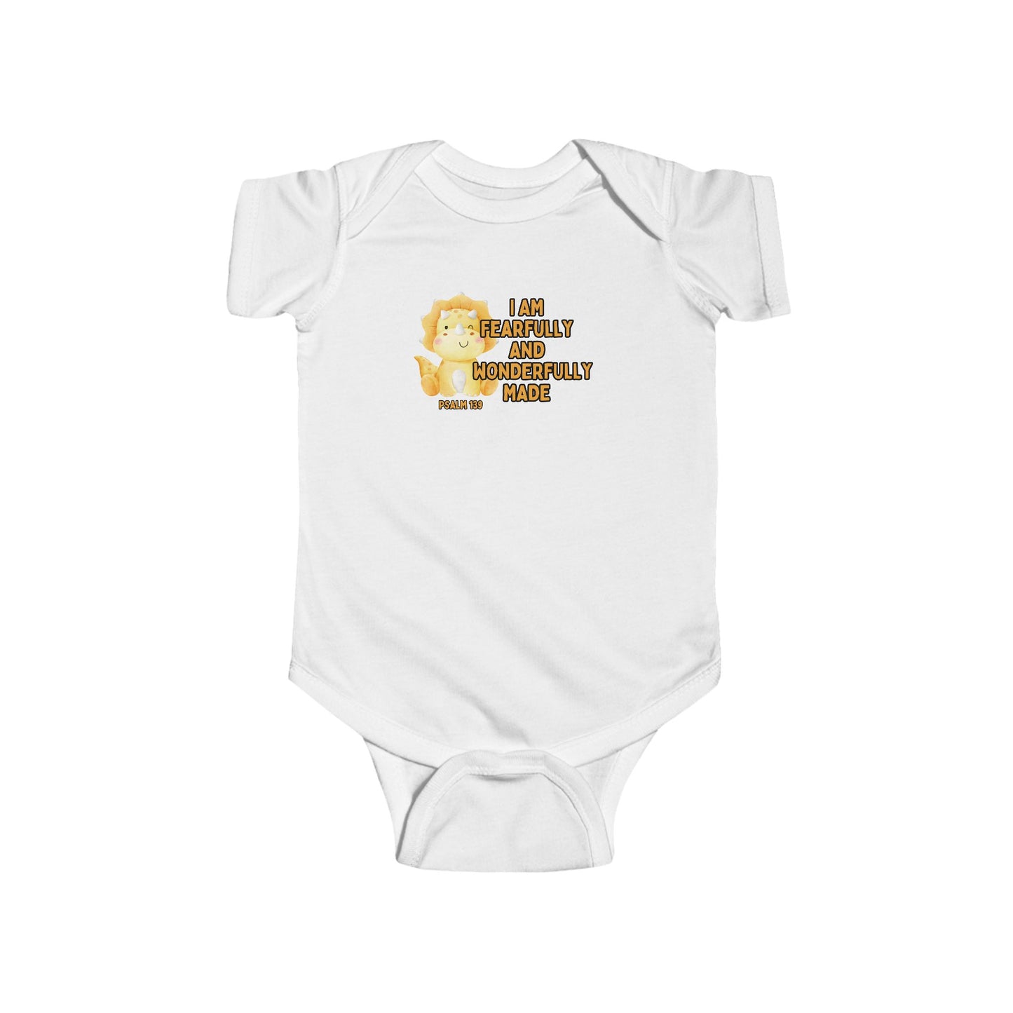 Fearfully and Wonderfully Made Dinosaur Baby Bodysuit | Psalm 139:14 Christian Infant Onesie | Cute Triceratops Baby Outfit