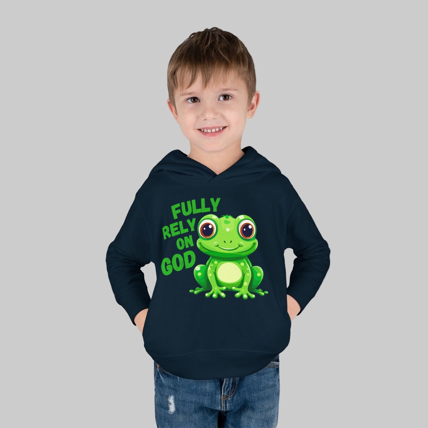 Fully Rely on God Toddler Hoodie - Adorable Frog Design, Christian Toddler Hoodies For Boys and Girls