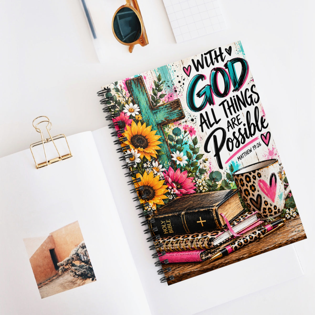With God All Things Are Possible Christian Spiral Notebook – Matthew 19:26 Faith Journal with Sunflowers