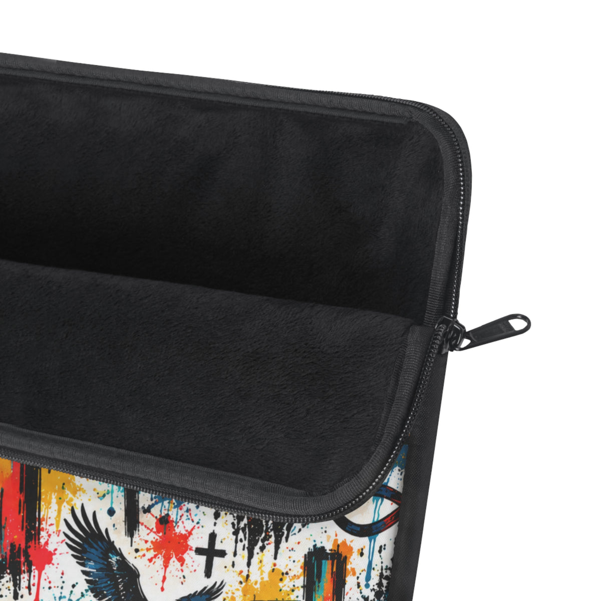 Colorful Christian graffiti laptop sleeve featuring a lion, crosses, eagles, mountains, and Christian fish symbols in vibrant blue, orange, yellow, and black.