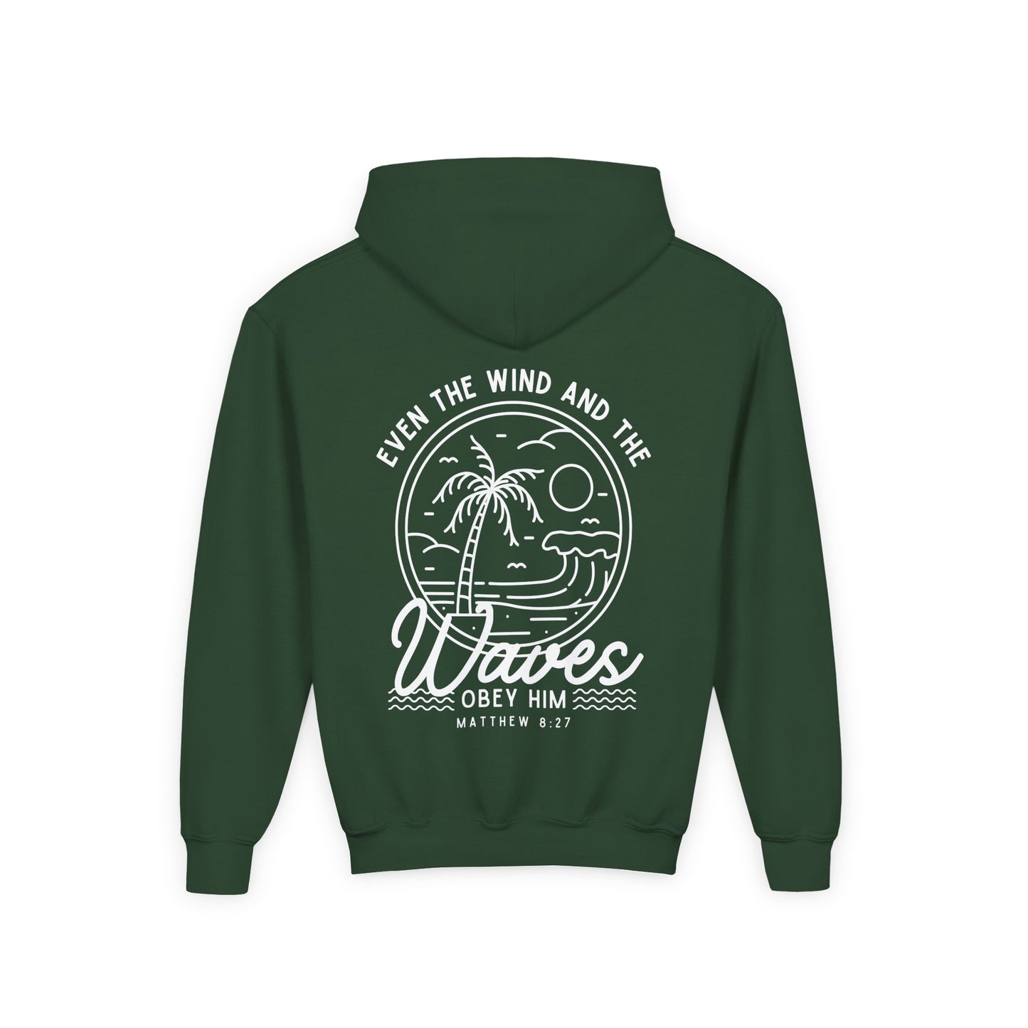 Youth 'Even The Wind And The Waves Obey Him' Bible Verse Hoodie, Beach Vibes Kids Hooded Sweatshirt, Faith-Inspired Teen Hoodie