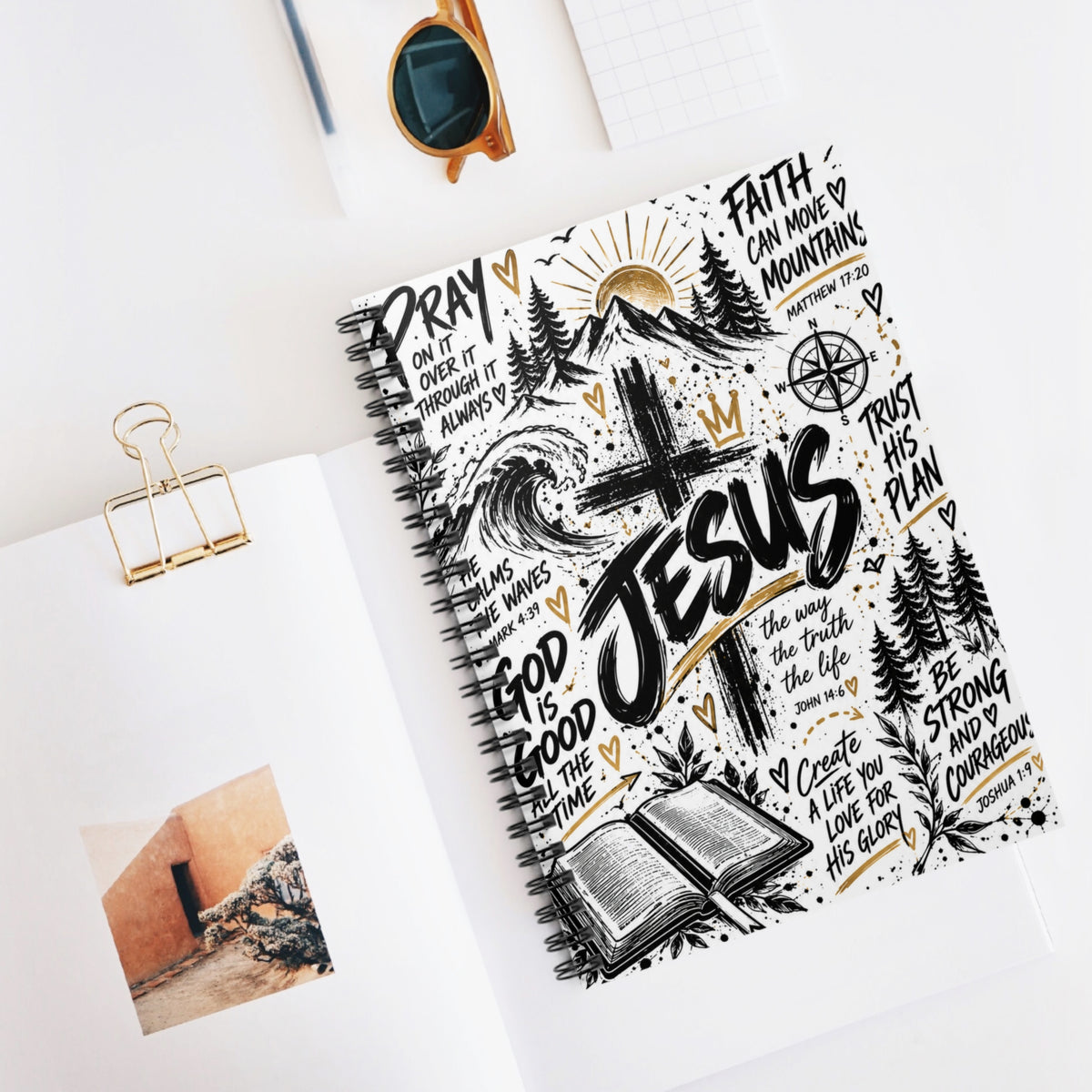 Jesus Christian Spiral Notebook – Faith-Inspired Journal with Bible Verses | Black, White & Gold Design