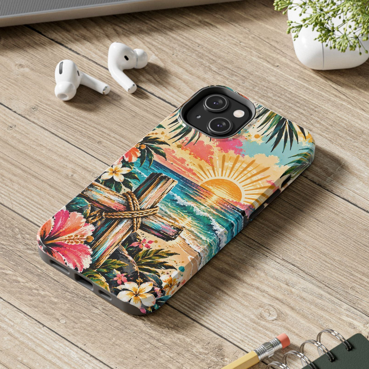 Tropical Cross Christian Phone Case | Beach Sunset & Floral Faith-Inspired Protective Case