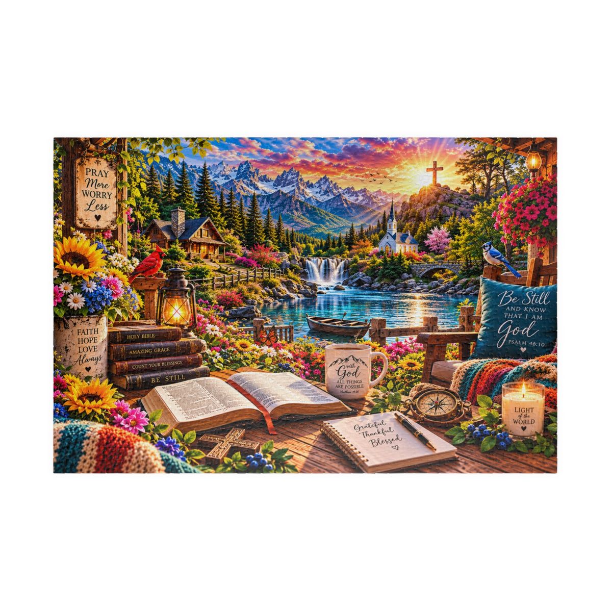 Christian Bible verse jigsaw puzzle featuring a mountain lake, waterfall, chapel, colorful flowers, open Bible, and Pray More Worry Less faith-inspired artwork.
