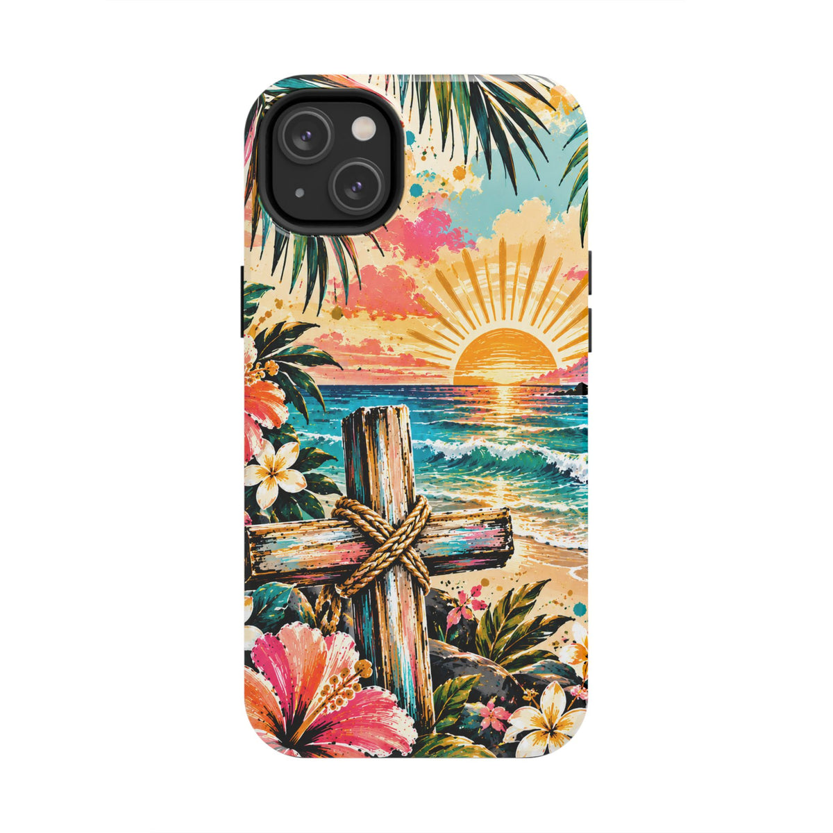 Tropical Cross Christian Phone Case | Beach Sunset & Floral Faith-Inspired Protective Case