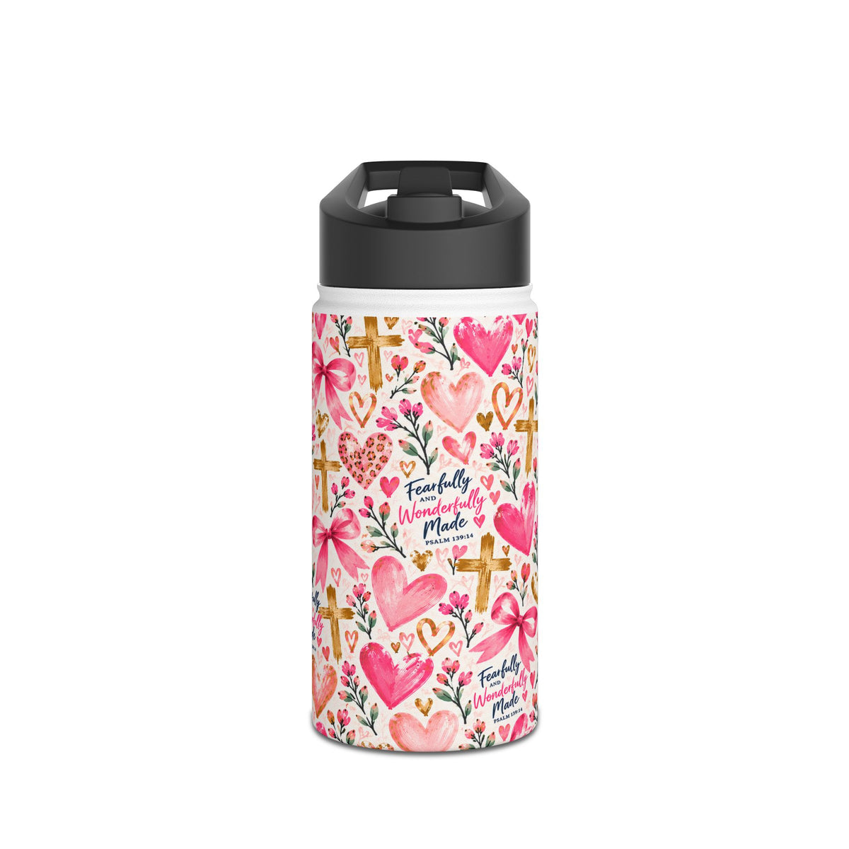 Fearfully and Wonderfully Made Christian insulated water bottle for girls featuring Psalm 139:14, pink hearts, bows, flowers, and gold crosses.