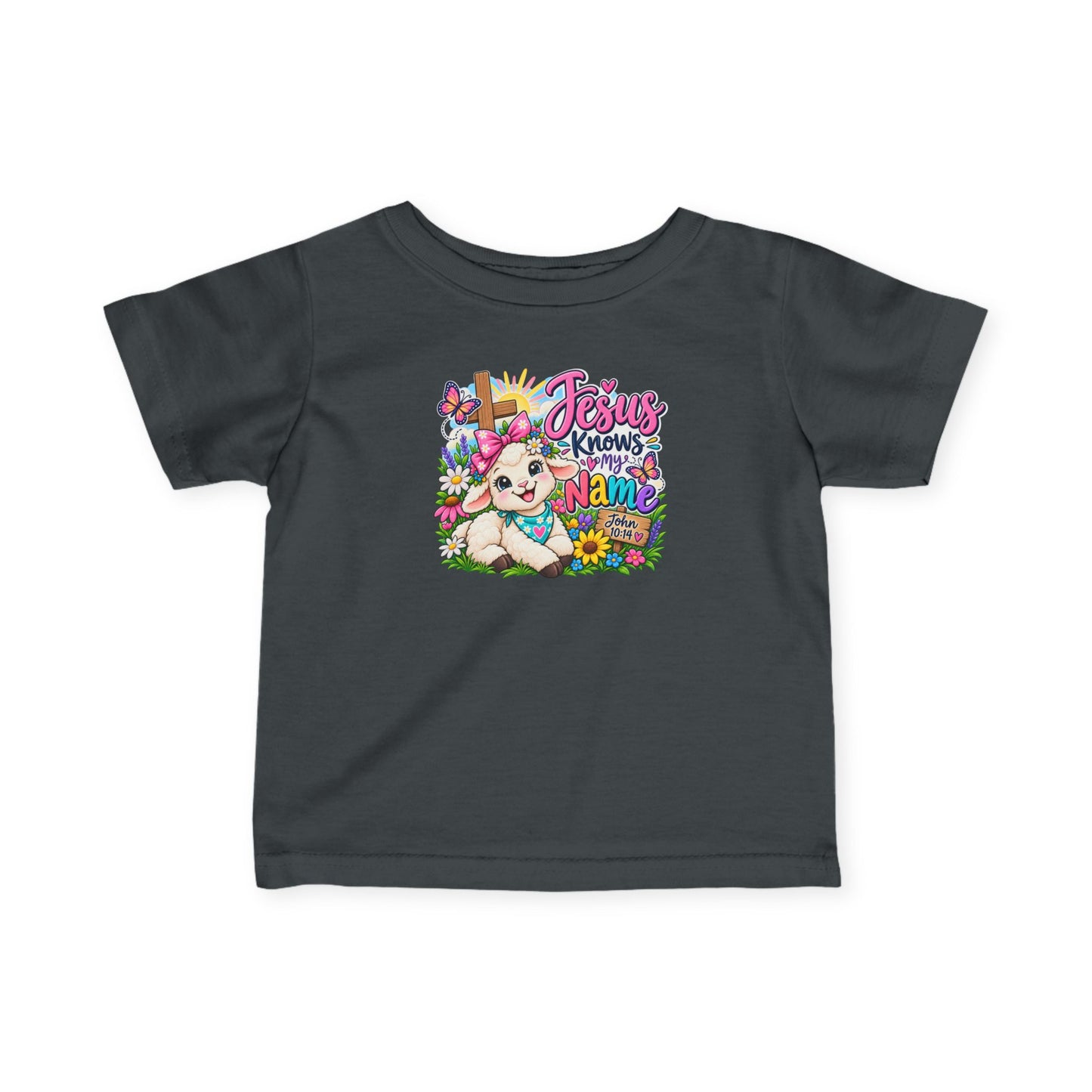 Jesus Knows My Name Infant Christian T-Shirt – John 10:14 Bible Verse Baby Girl Tee with Lamb