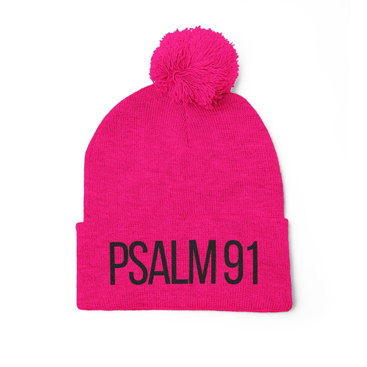 Pink beanie with a pom-pom and 'PSALM 91' text on a white background