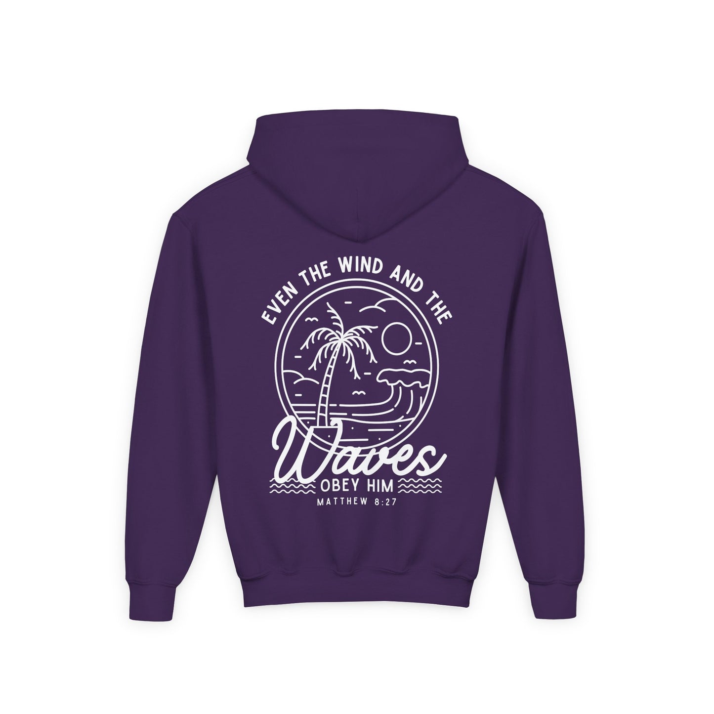 Youth 'Even The Wind And The Waves Obey Him' Bible Verse Hoodie, Beach Vibes Kids Hooded Sweatshirt, Faith-Inspired Teen Hoodie