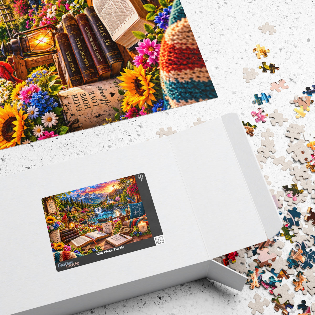 Christian Bible verse jigsaw puzzle featuring a mountain lake, waterfall, chapel, colorful flowers, open Bible, and Pray More Worry Less faith-inspired artwork.