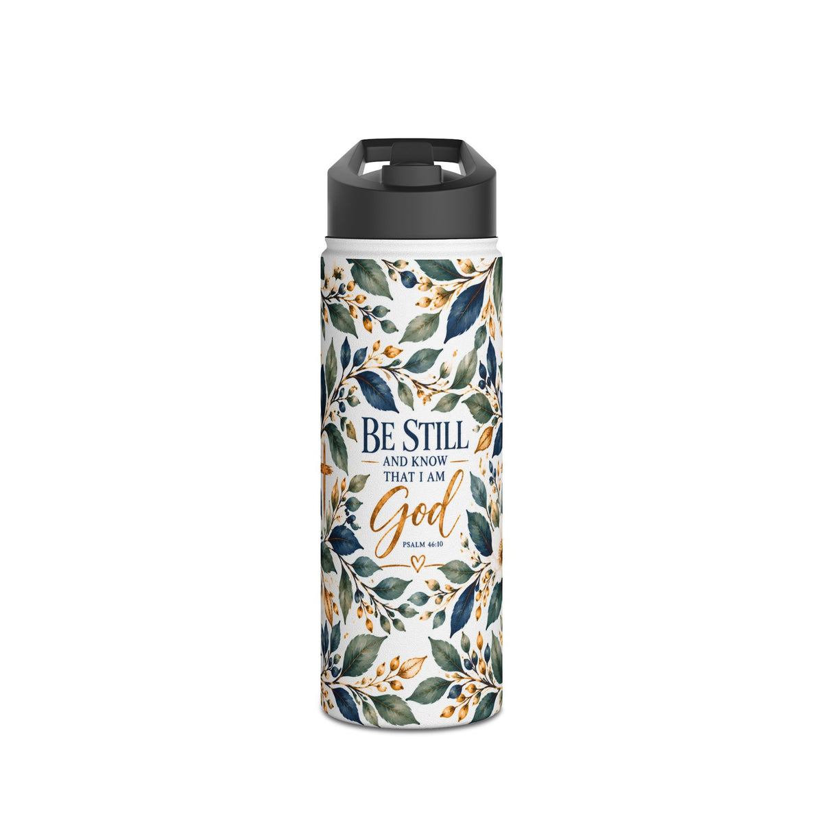Be Still and Know Psalm 46:10 Christian insulated stainless steel water bottle featuring navy blue, sage green, and gold watercolor botanical artwork.