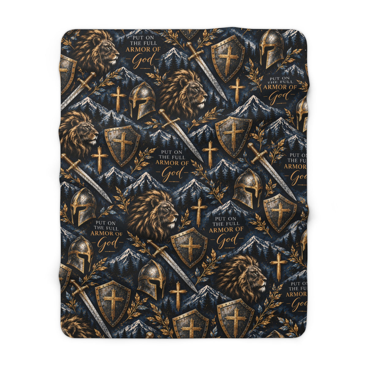 Armor of God Christian sherpa blanket featuring Ephesians 6:11, lions, medieval swords, shields, helmets, and gold crosses on a dark navy background.