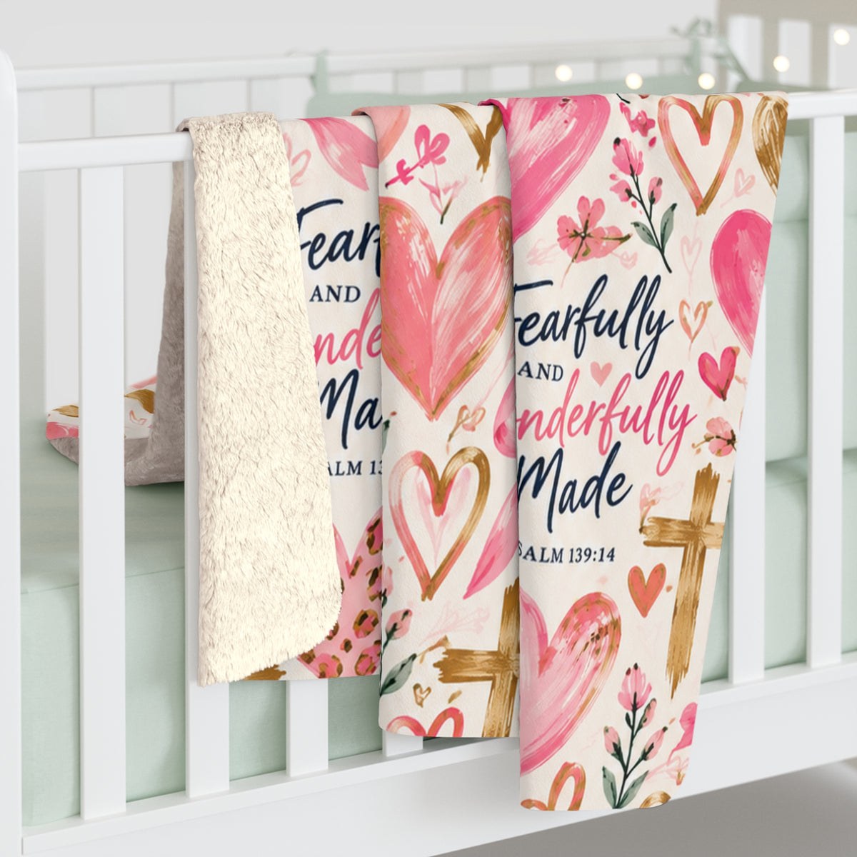 Fearfully and Wonderfully Made Psalm 139:14 Christian blanket displayed in a girl's bedroom with pink and gold faith-inspired decor.