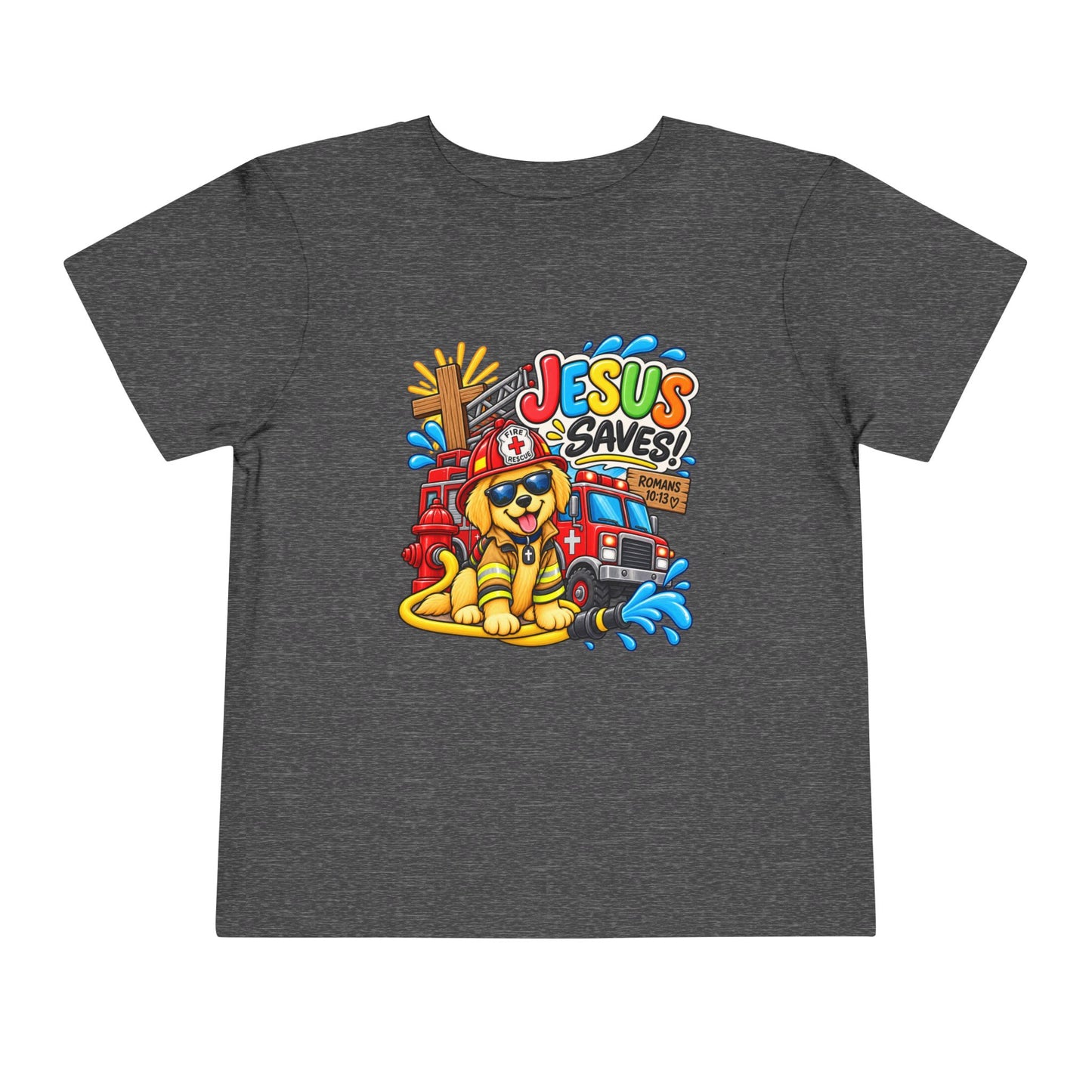 Jesus Saves Firefighter Puppy Toddler T-Shirt | Christian Bible Verse Tee for Boys & Girls | Romans 10:13 Faith Shirt