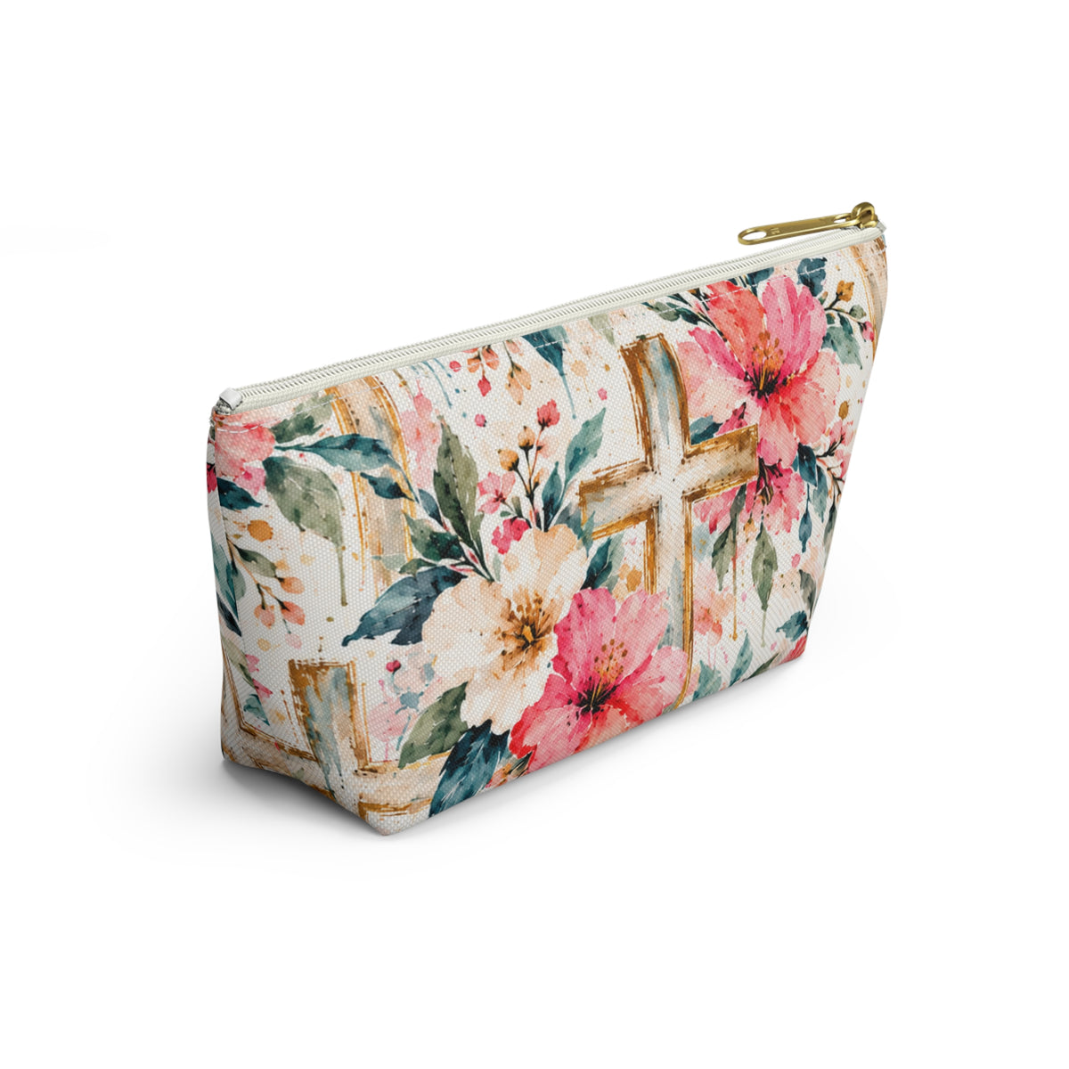 Watercolor Floral Cross Makeup Bag – Christian Cosmetic & Accessory Pouch | Small & Large