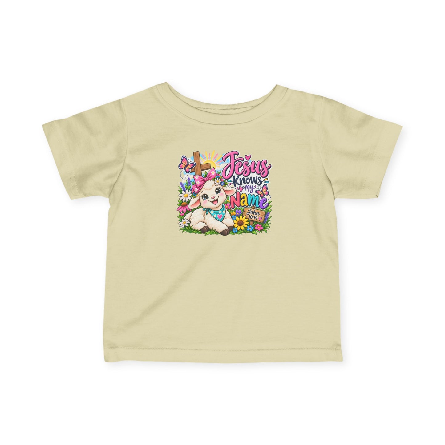 Jesus Knows My Name Infant Christian T-Shirt – John 10:14 Bible Verse Baby Girl Tee with Lamb