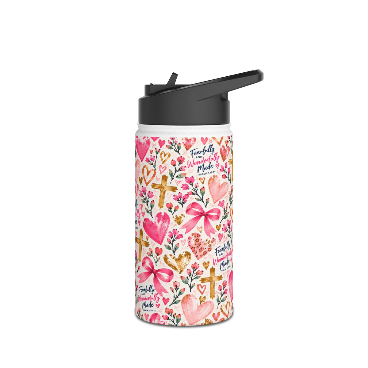 Fearfully and Wonderfully Made Christian insulated water bottle for girls featuring Psalm 139:14, pink hearts, bows, flowers, and gold crosses.