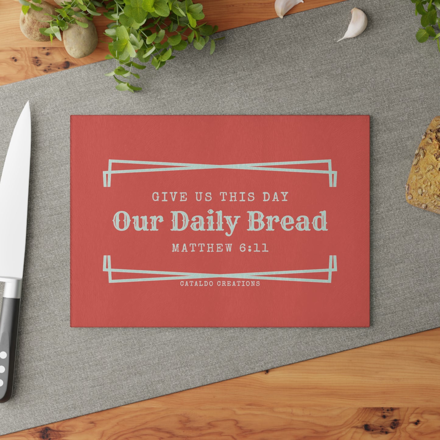 Give Us This Day Our Daily Bread. Matthew 6:11 bible verse glass kitchen cutting board. Perfect for the Christian home and Christian kitchen!