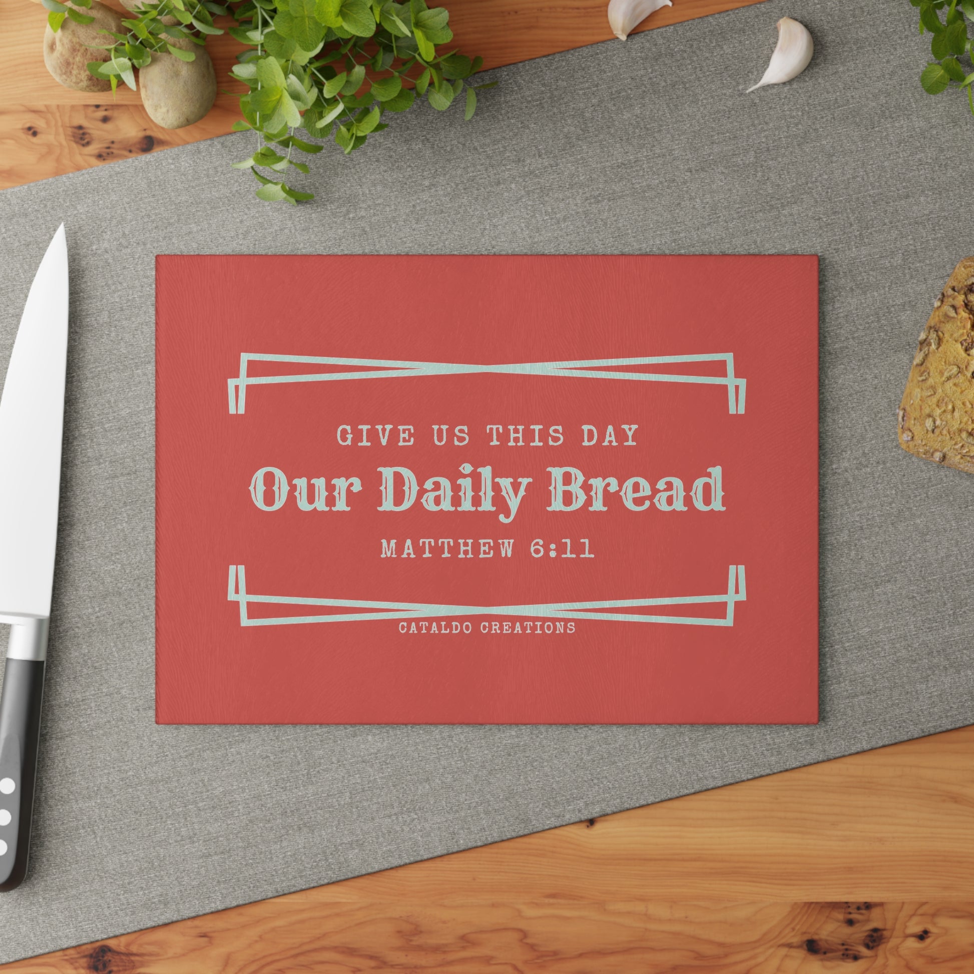 Give Us This Day Our Daily Bread. Matthew 6:11 bible verse glass kitchen cutting board. Perfect for the Christian home and Christian kitchen!