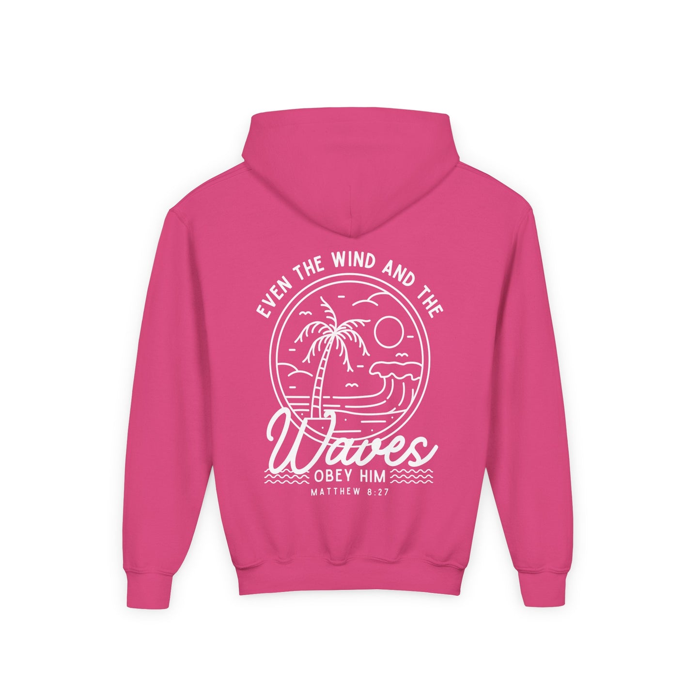 Youth 'Even The Wind And The Waves Obey Him' Bible Verse Hoodie, Beach Vibes Kids Hooded Sweatshirt, Faith-Inspired Teen Hoodie