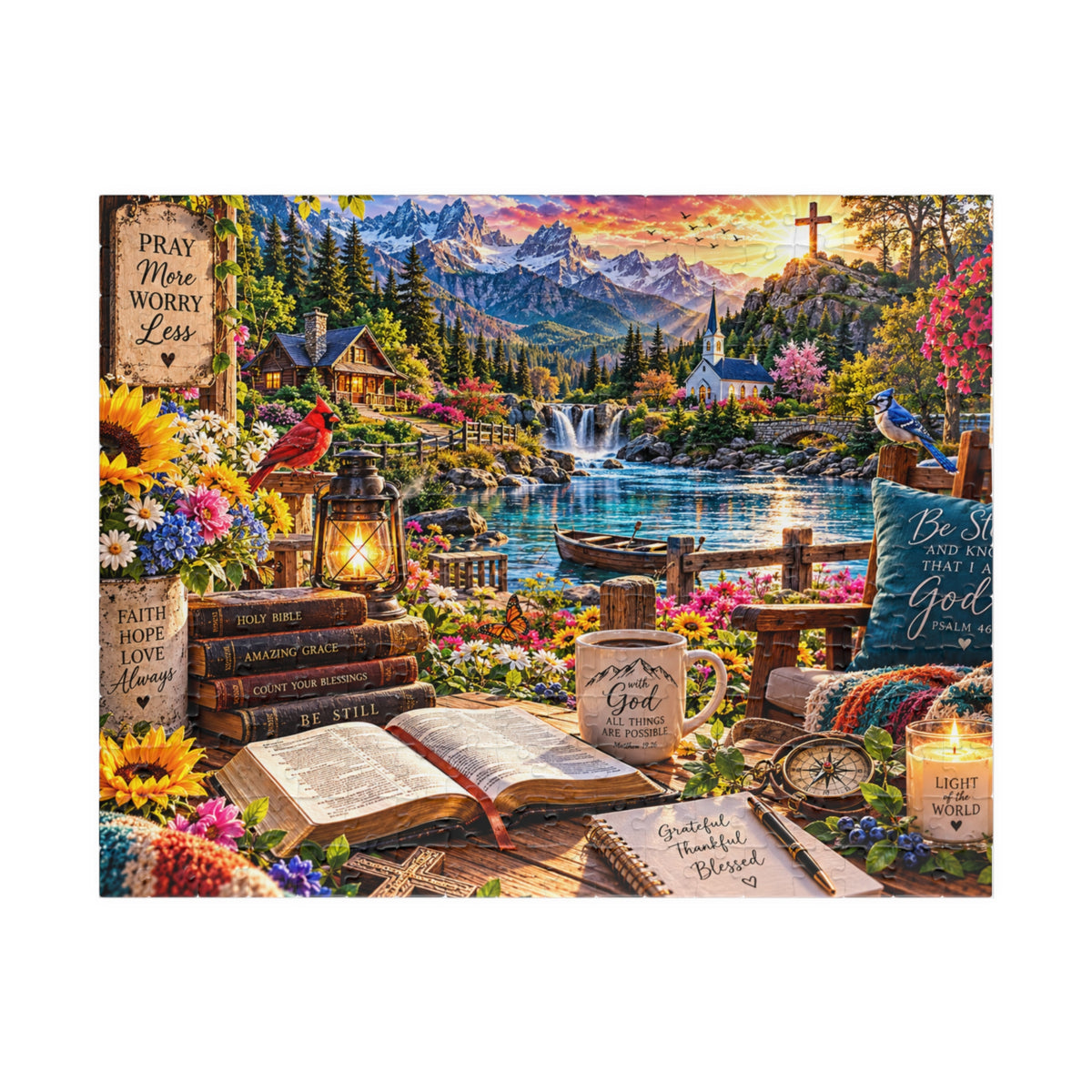 Christian Bible verse jigsaw puzzle featuring a mountain lake, waterfall, chapel, colorful flowers, open Bible, and Pray More Worry Less faith-inspired artwork.