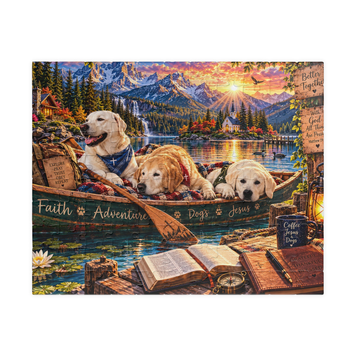 Christian Labrador Retriever jigsaw puzzle featuring three dogs in a canoe on a mountain lake at sunset, with a waterfall, chapel, Bible, and faith-inspired messages.
 Copy alt text