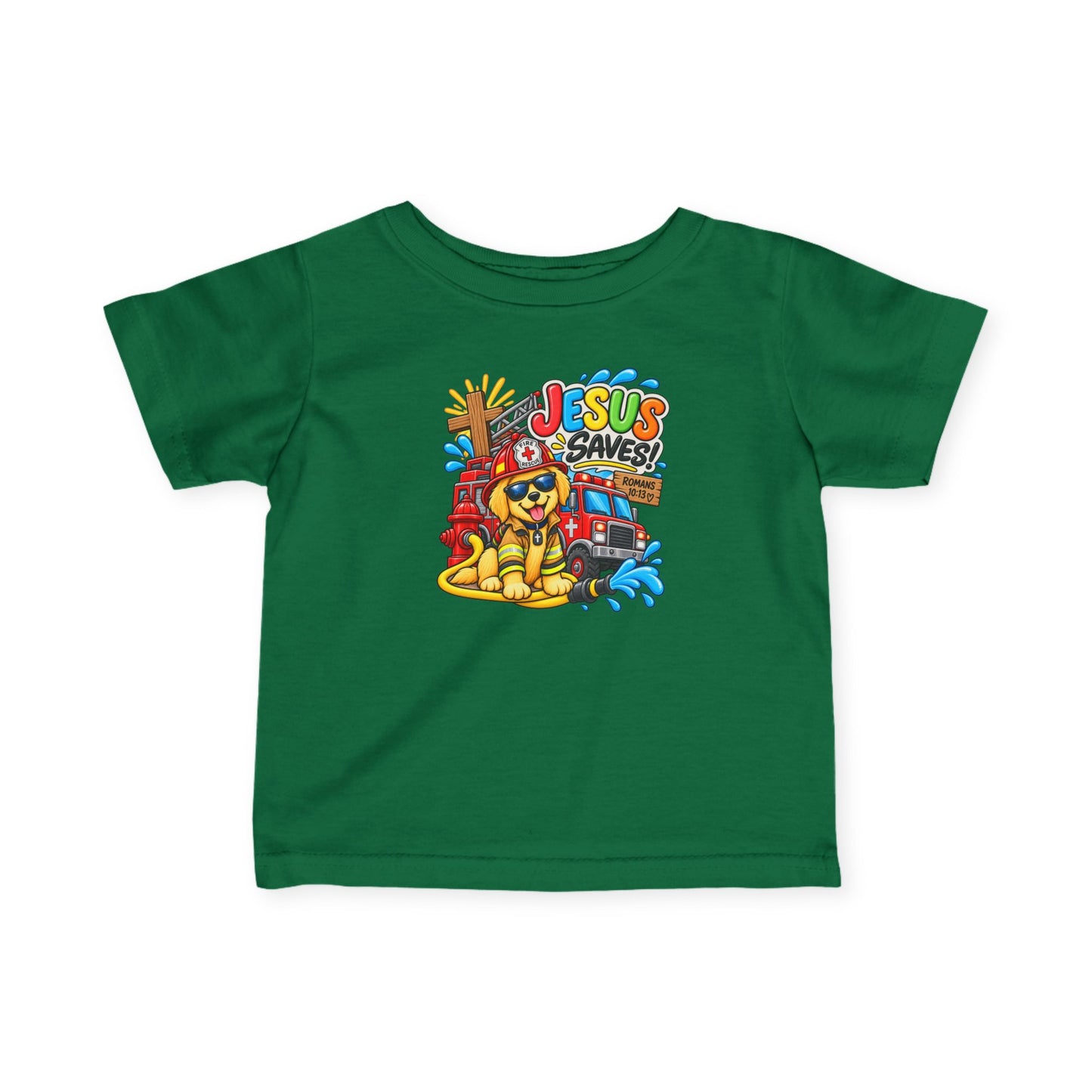 Jesus Saves Firefighter Puppy Infant T-Shirt | Christian Baby Bible Verse Tee | Romans 10:13 Faith Shirt