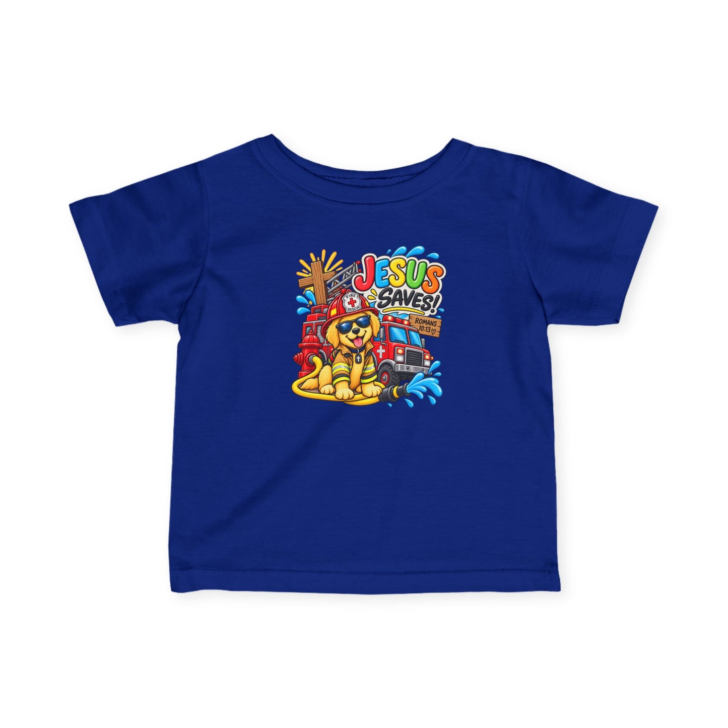 Jesus Saves Firefighter Puppy Infant T-Shirt | Christian Baby Bible Verse Tee | Romans 10:13 Faith Shirt