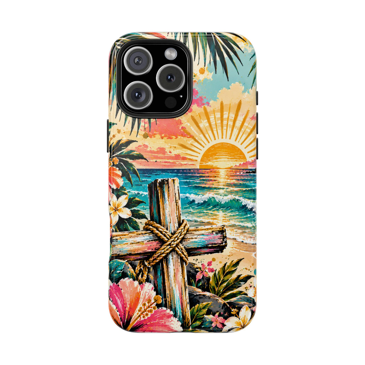 Tropical Cross Christian Phone Case | Beach Sunset & Floral Faith-Inspired Protective Case