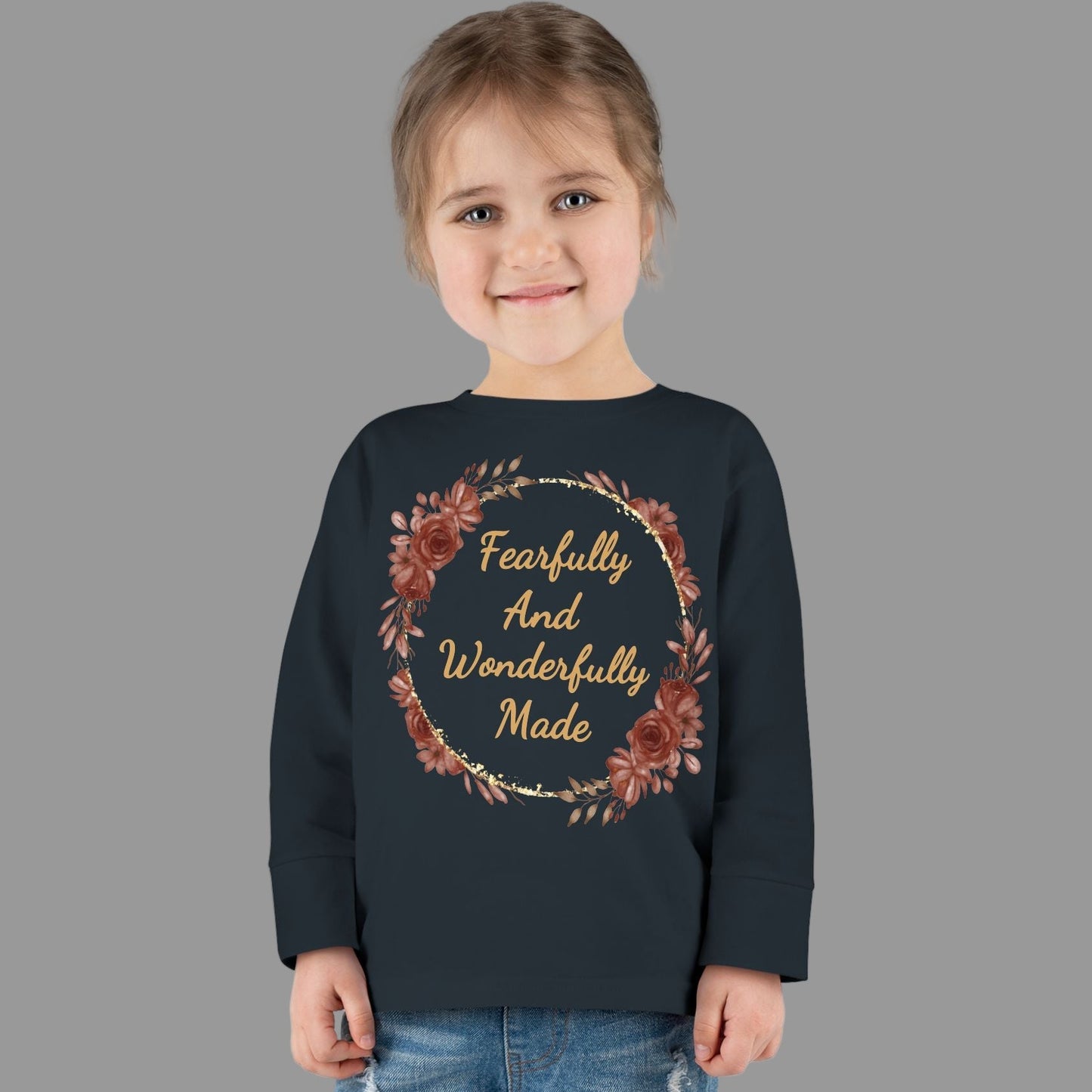 Toddler Fearfully And Wonderfully Made Long Sleeve Tee, Charming Kids Shirt, Baby Birthday Gift, Cute Toddler Floral Bible Verse Design Tee