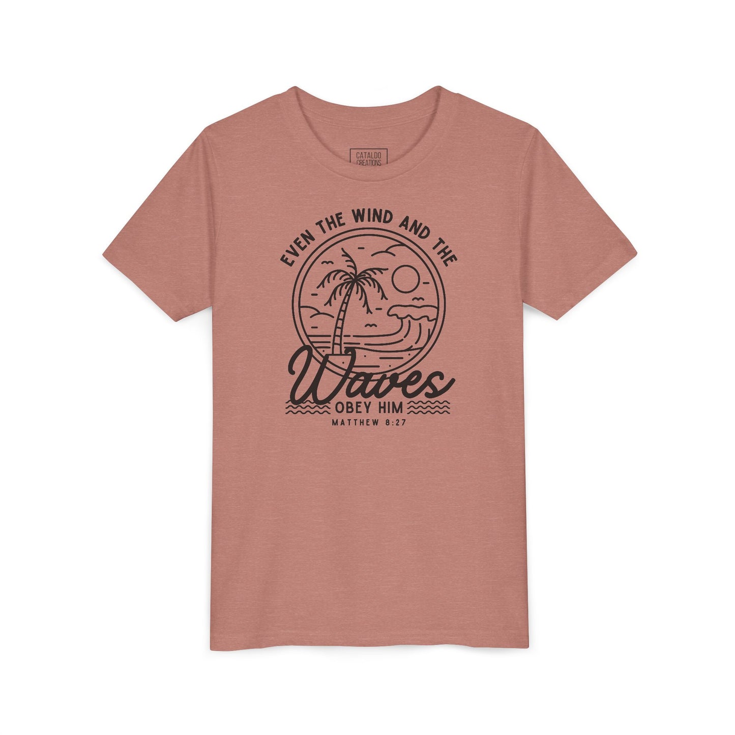 Youth Short Sleeve Tee - 'Even the Wind and the Waves Obey Him' Kids Bible Verse Shirt