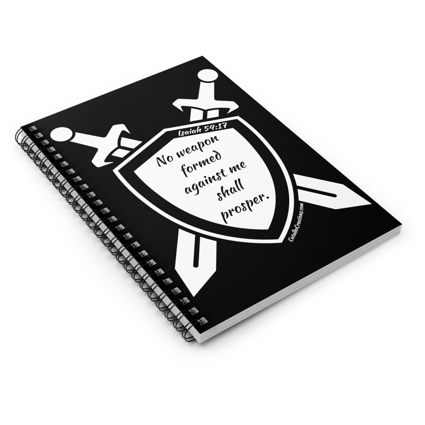 This notebook is a a bold reminder of God's word in Isaiah 54:17., that 'No weapon formed against you shall prosper.'   Great for bible study, journaling, shopping lists, school notes, prayers or poems - this bible verse spiral notebook with ruled line paper is a perfect companion in everyday life. The durable printed cover makes the owner proud to carry it everywhere.