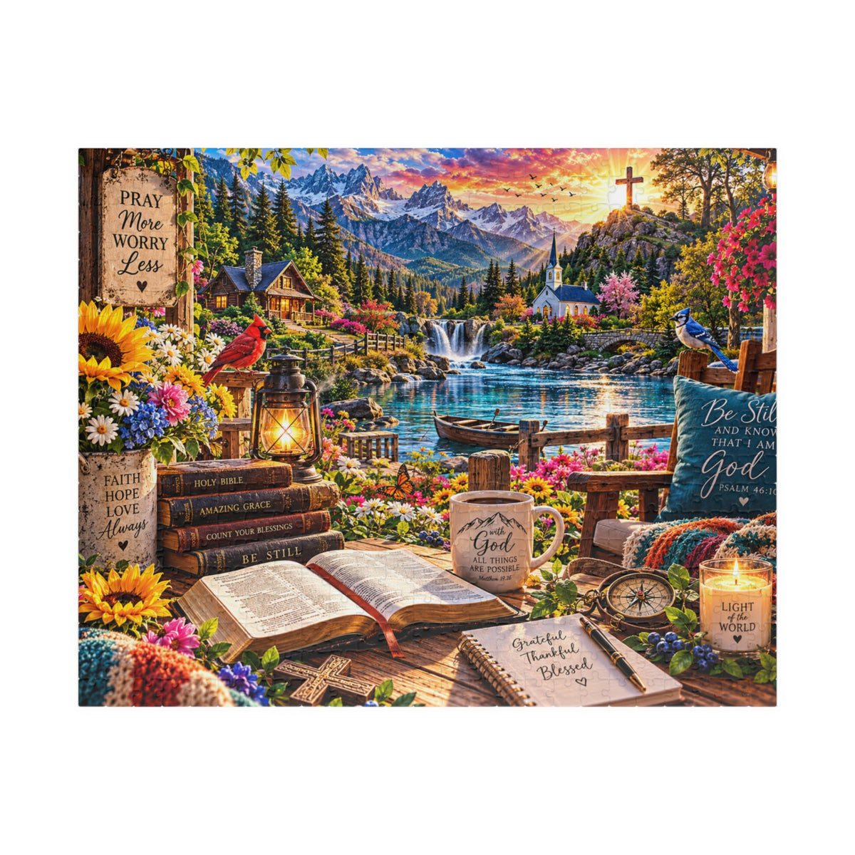 Christian Bible verse jigsaw puzzle featuring a mountain lake, waterfall, chapel, colorful flowers, open Bible, and Pray More Worry Less faith-inspired artwork.