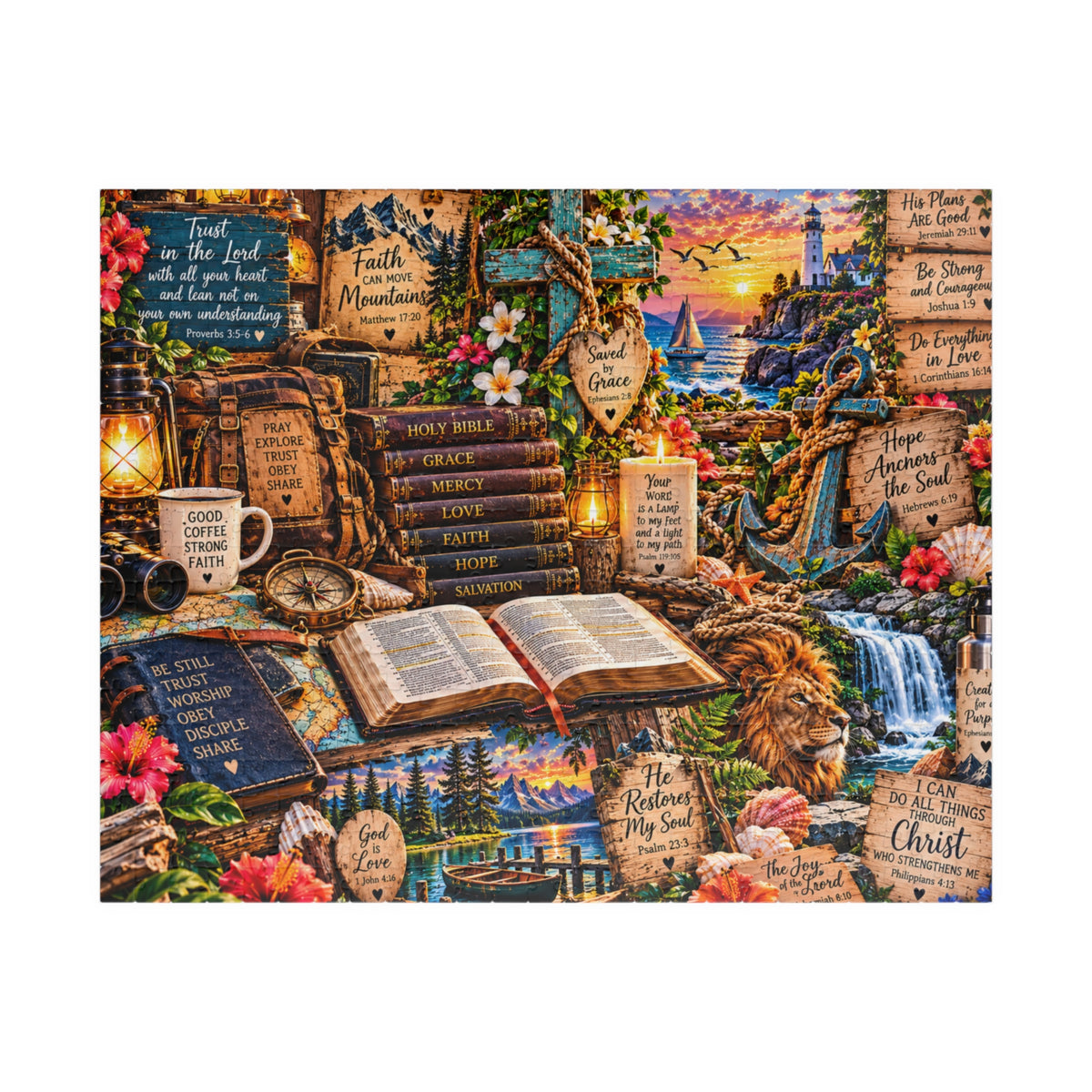 Completed Christian Scripture jigsaw puzzle displaying Bible verses, a lion, cross, lighthouse, ocean sunset, and colorful faith-inspired artwork.