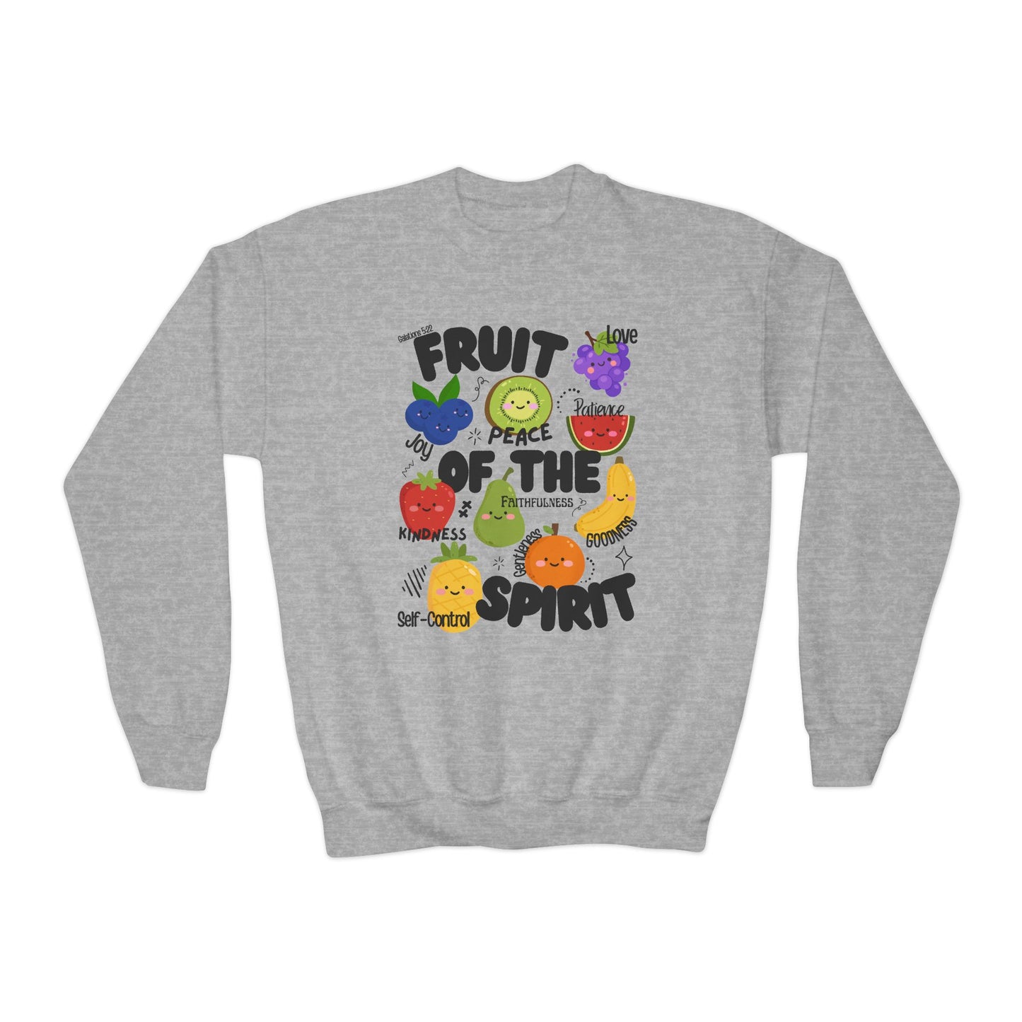 Kids Fruit of the Spirit Christian Crewneck Sweatshirt | Galatians 5:22–23 Youth Bible Verse Sweatshirt