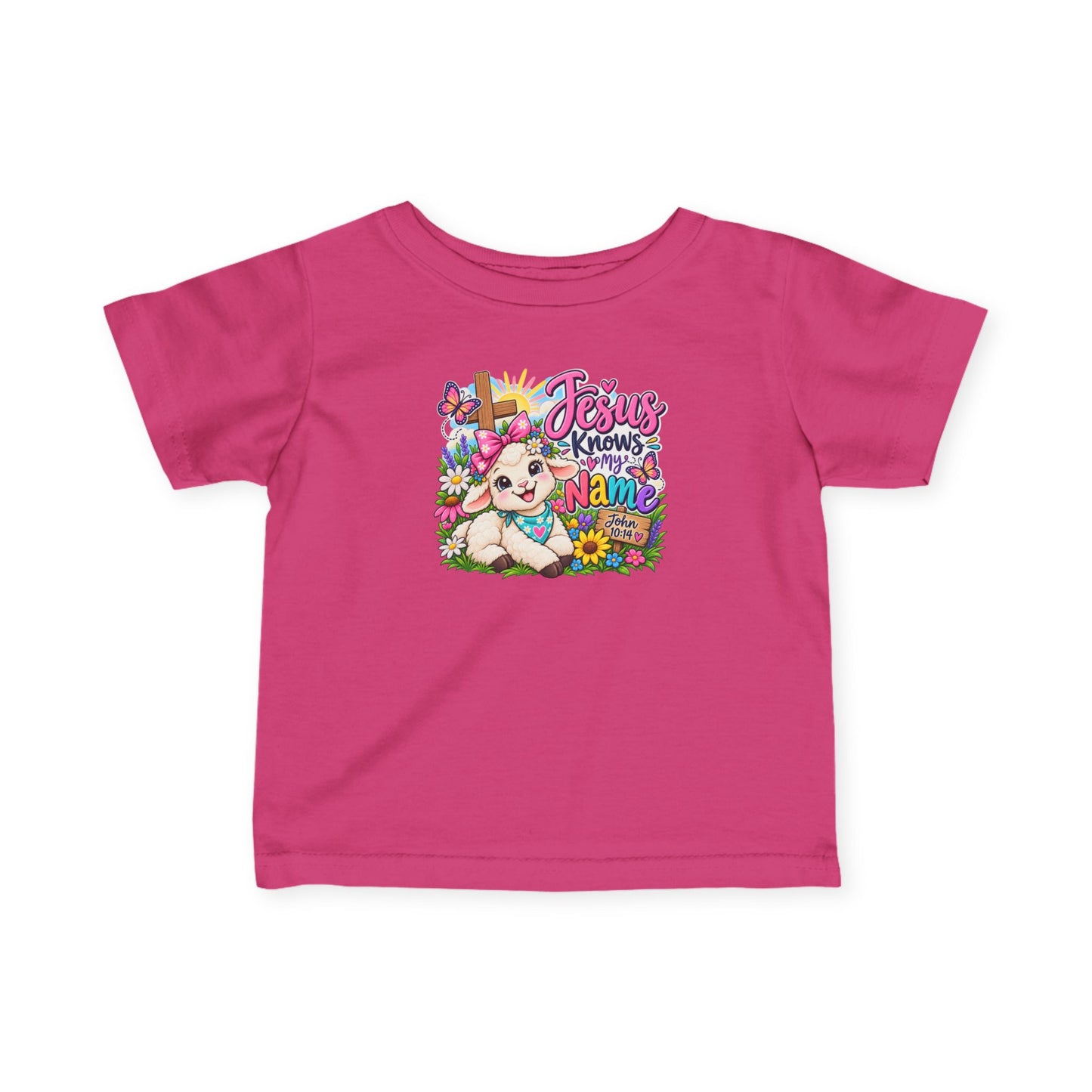 Jesus Knows My Name Infant Christian T-Shirt – John 10:14 Bible Verse Baby Girl Tee with Lamb