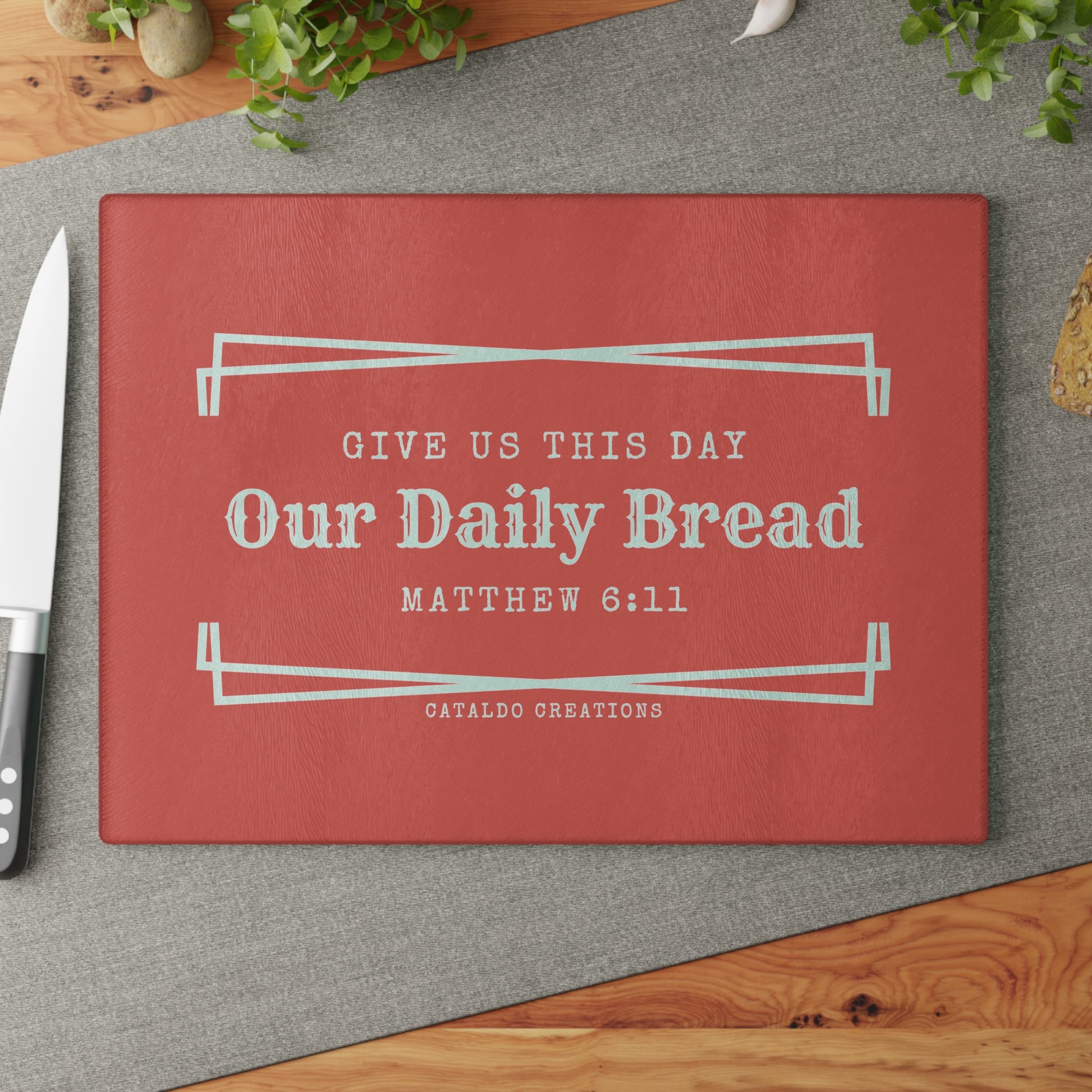 Give Us This Day Our Daily Bread. Matthew 6:11 bible verse glass kitchen cutting board. Perfect for the Christian home and Christian kitchen!