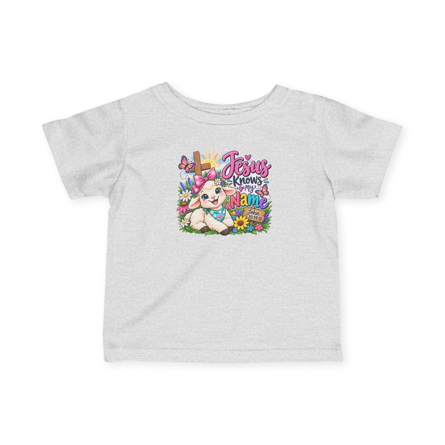 Jesus Knows My Name Infant Christian T-Shirt – John 10:14 Bible Verse Baby Girl Tee with Lamb