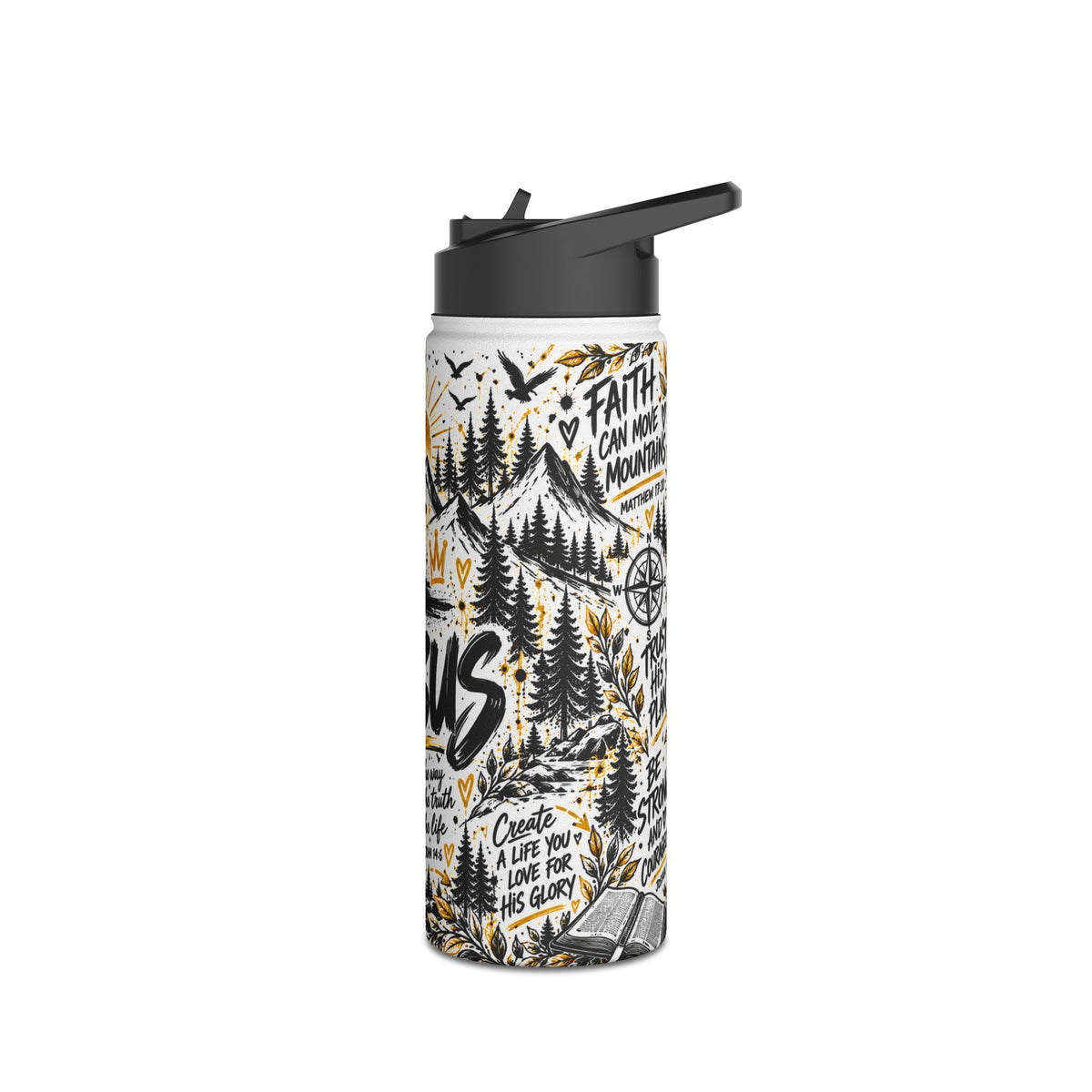 Jesus Christian insulated stainless steel water bottle with bold black, white and gold graffiti artwork, cross, mountains, pine trees and John 14:6 Scripture design.